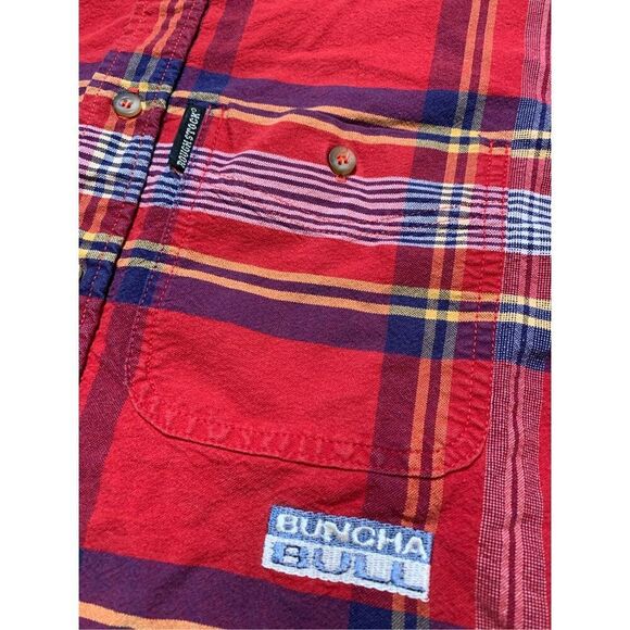 PANHANDLE SLIM Button Down Shirt-Red Long Sleeve Rough Stock Vintage Small Plaid - Picture 3 of 6